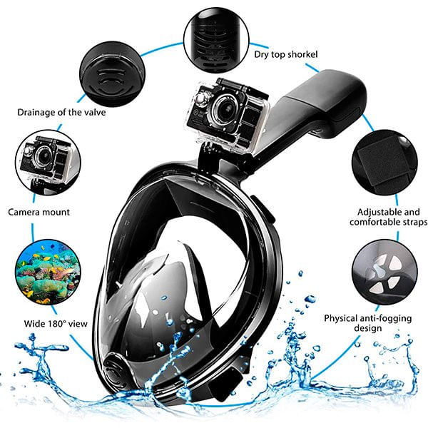 Máscara de snorkel con tubo y soporte para cámara talla L/XL negro detalle 1
