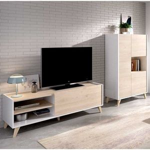 Composición de salón Ness mueble de TV con vitrina blanco/natural