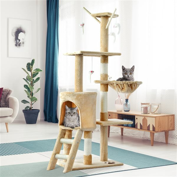 Árbol rascador para gatos PawHut plataformas + cuevas crema 134,2x50x35 cm