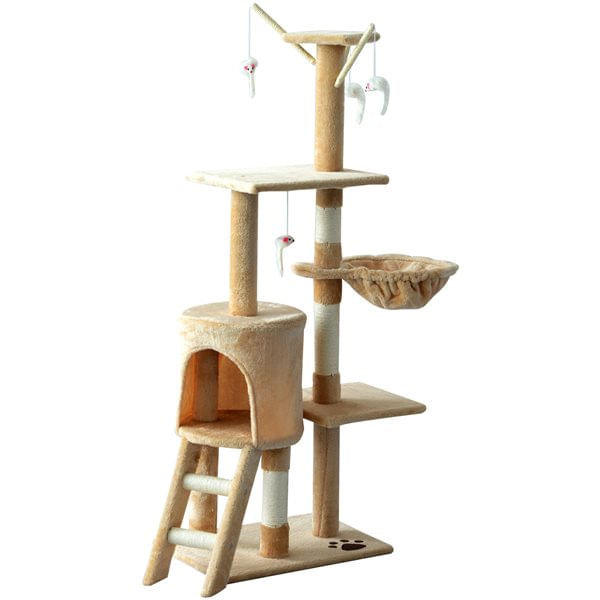 Árbol rascador para gatos PawHut plataformas + cuevas crema 134,2x50x35 cm