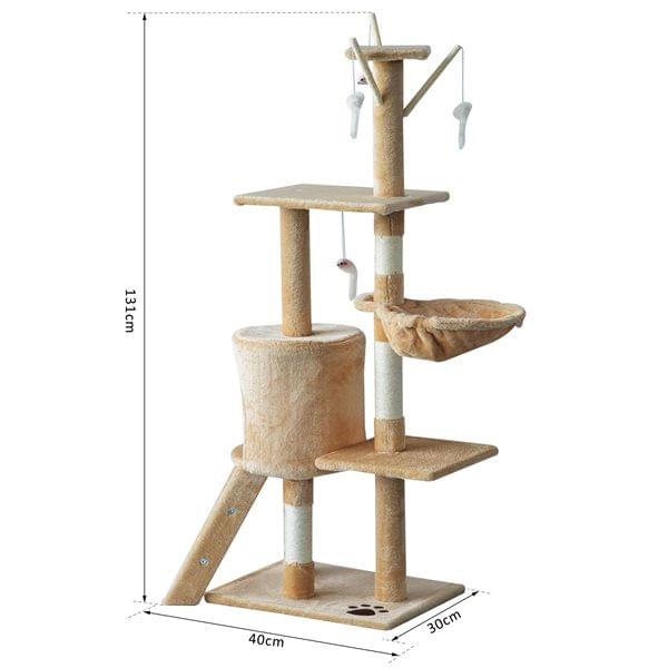 Árbol rascador para gatos PawHut plataformas + cuevas crema 134,2x50x35 cm