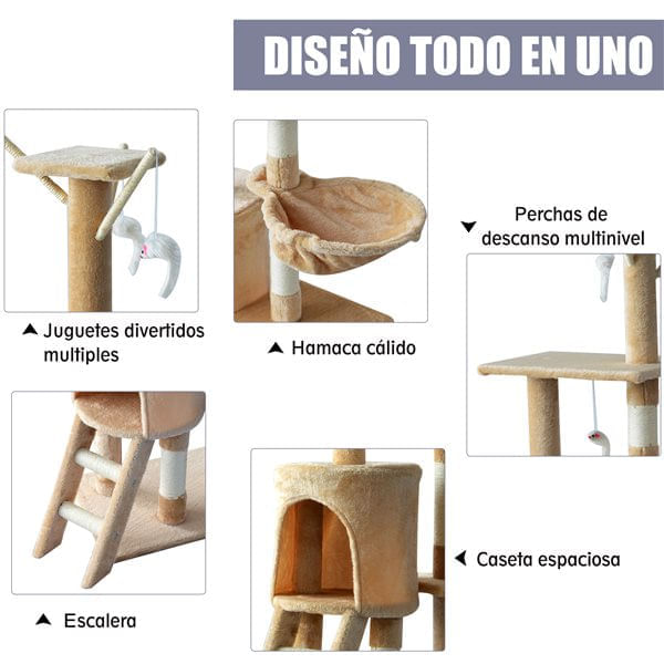 Árbol rascador para gatos PawHut plataformas + cuevas crema 134,2x50x35 cm