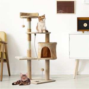 Árbol rascador para gatos PawHut con plataformas y caseta beige/blanco 114x40x40 cm