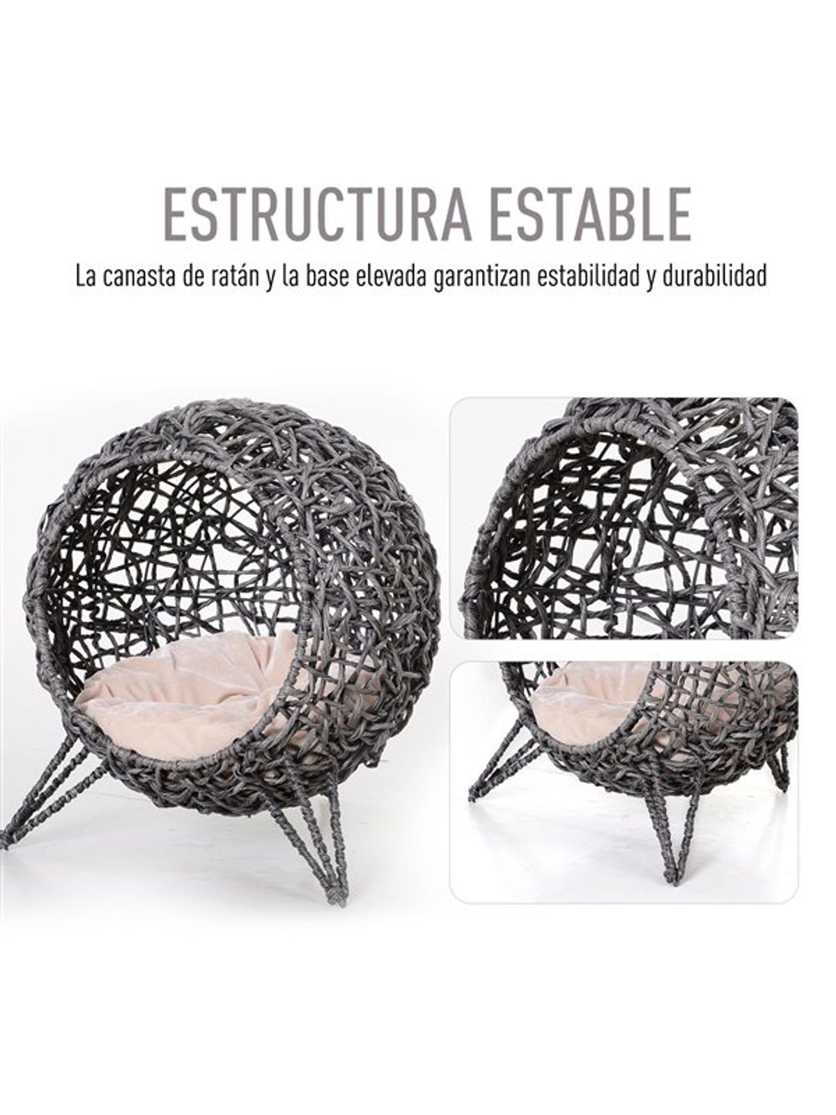 Camas Par Gatos PawHut Cama Cueva De Ratán Para Gatos O Mascotas Pequena  Con Base Tripode Cojin De Felpa Y Algodon Suave Diseno Elevado Estable  φ52x58 Cm Madera Natural Casas Prefabricadas, image size:1200x1600