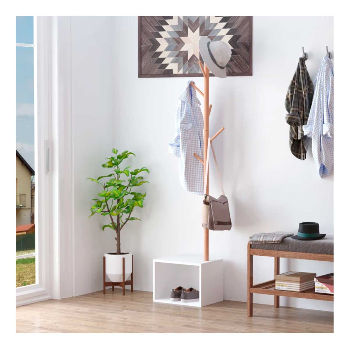 Perchero Con Zapatero Y Banco Para Entrada - 60 Cm Ancho, Color Blanco, 5 Ganchos Y Capacidad Para 6 Pares De Zapatos