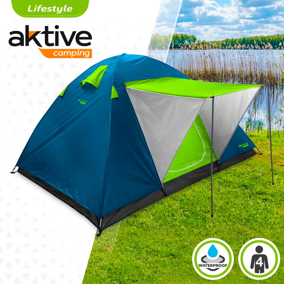 Tienda de campaña Aktive Camping 4 personas con toldo verde/azul 130x240x210 cm  2