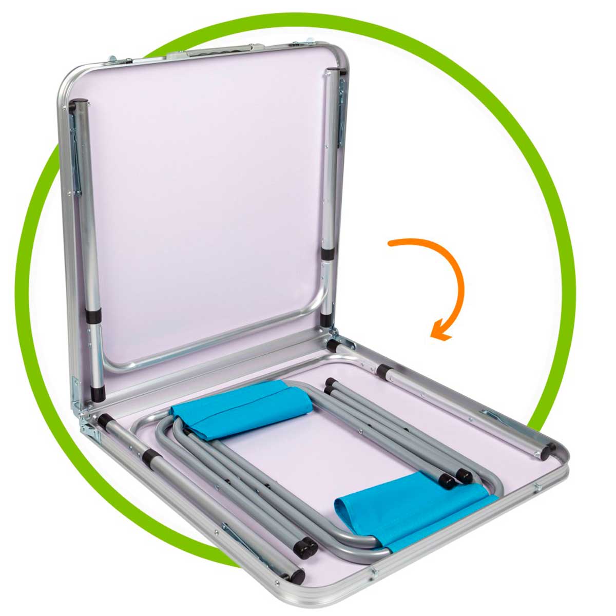 Set de mesa+4 taburetes Aktive plegables blanco/azul vista plegada