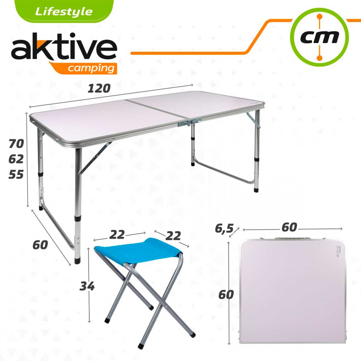 Set de mesa+4 taburetes Aktive plegables blanco/azul medidas