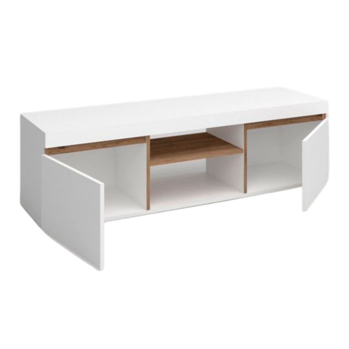 Mueble bajo de TV Elis 2 puertas+2 huecos blanco mate puertas abiertas