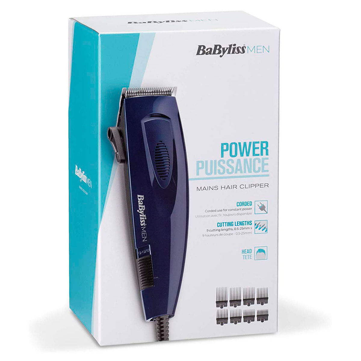 Cortapelos Babyliss E695E 8 longitudes con cable azul detalle caja