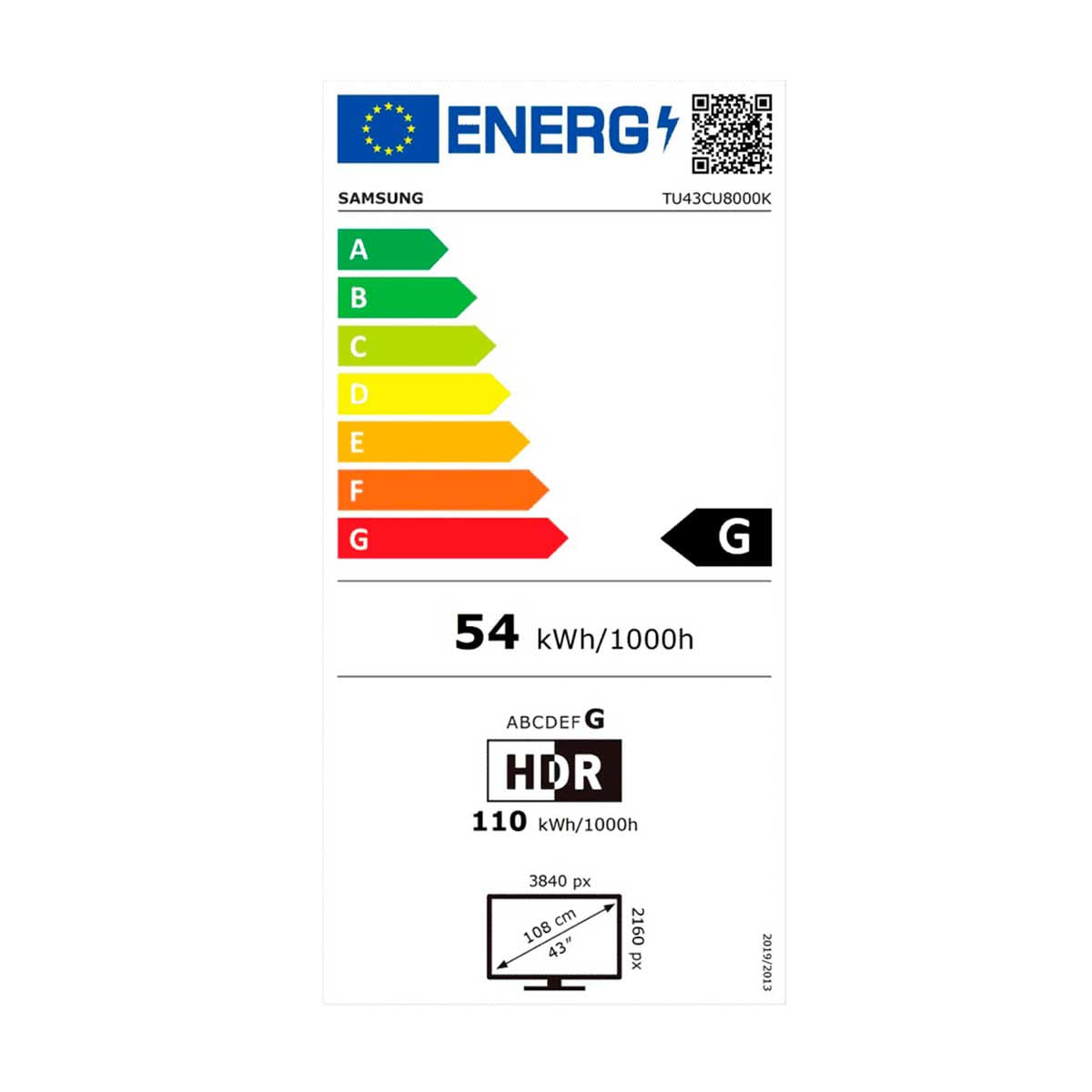 Televisor Smart TV Samsung CU8000 Crystal UHD 43'' 4K UHD LED Tizen WiFi Bluetooth 5.2 G negro características eficiencia energética