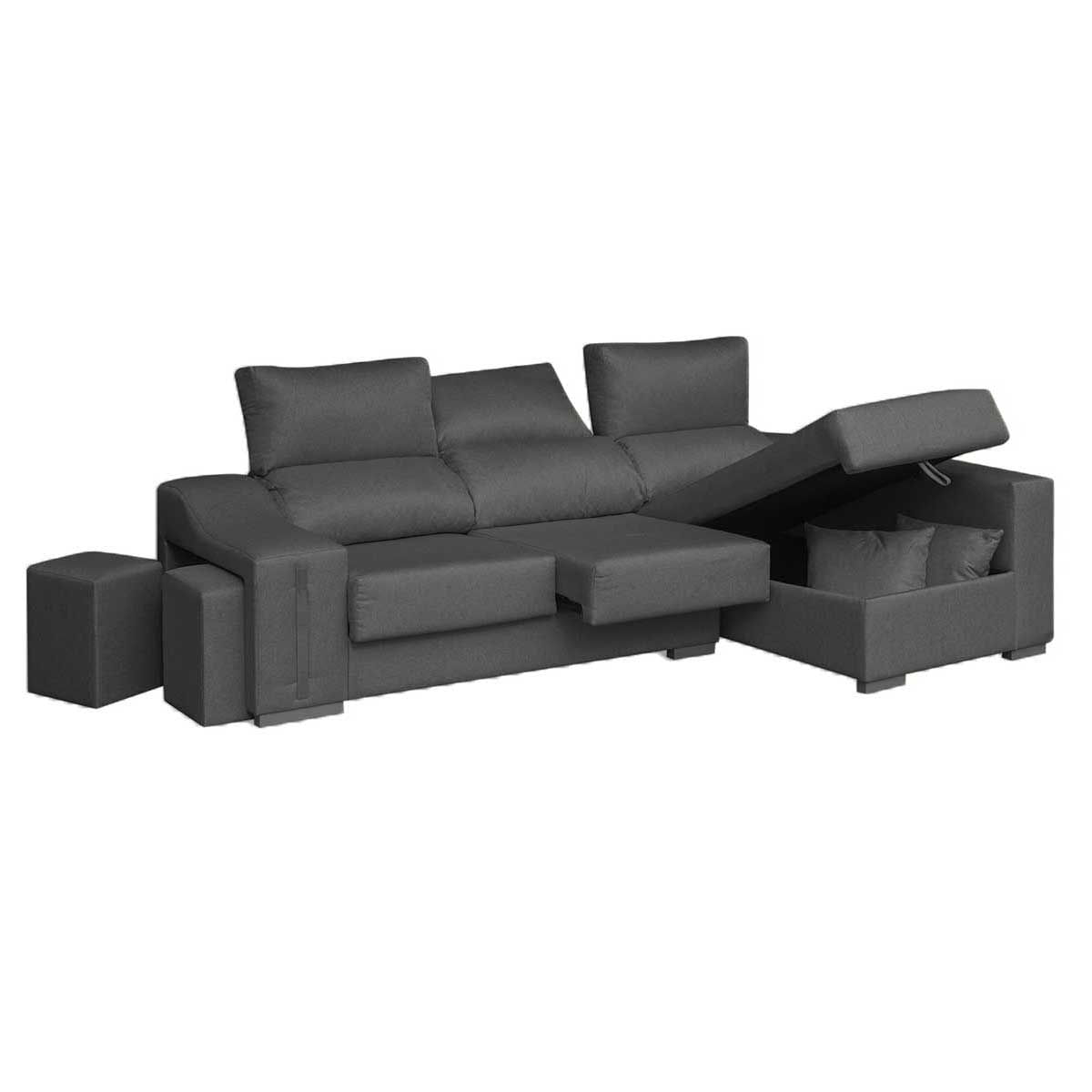 Sofa-chaiselongue-Ares-3-plazas-con-arcon-y-2-taburetes-tela-nevada-antracita-frente-derecha-abierto