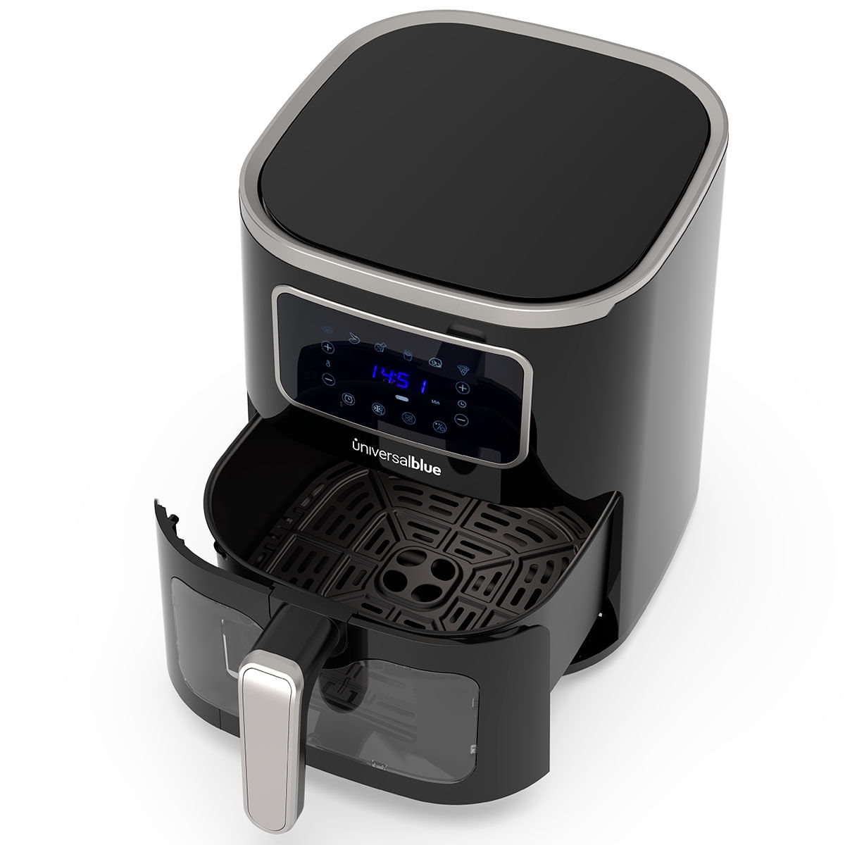 Freidora de aire Air Crispy 6005B Universal Blue 1450W 5L 6 recetas con accesorios negro frontal con bandeja abierta