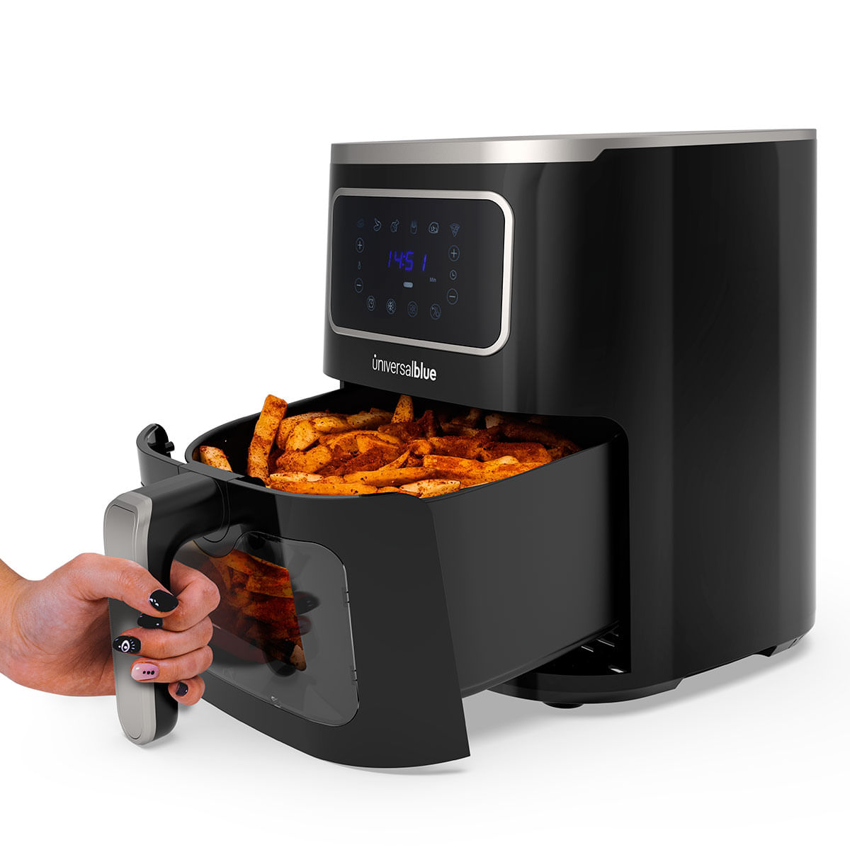 Freidora de aire Air Crispy 6005B Universal Blue 1450W 5L 6 recetas con accesorios negro detalle mano abriendo bandeja
