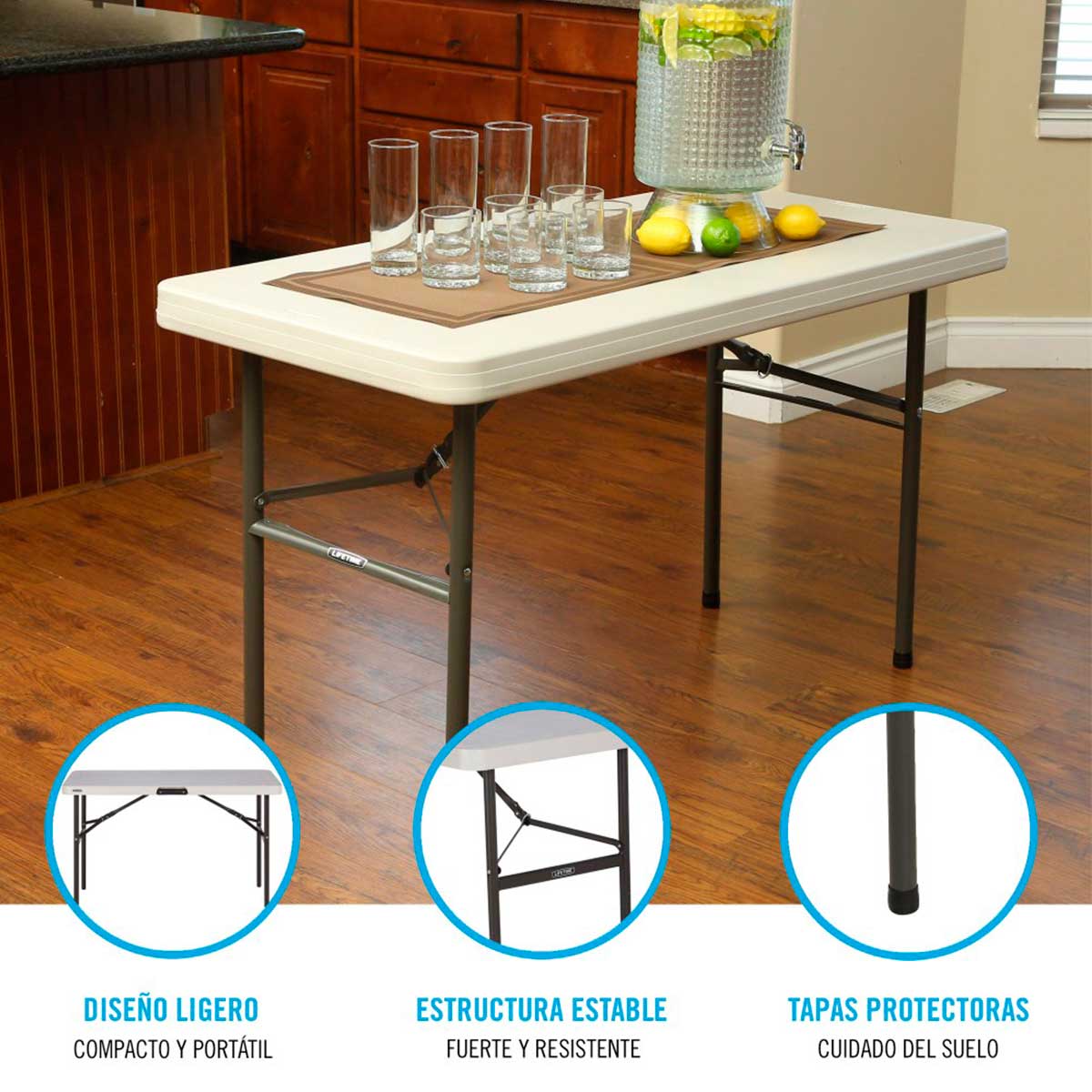 Mesa plegable Lifetime 4 personas forma rectangular 74x122x61 cm  características 1