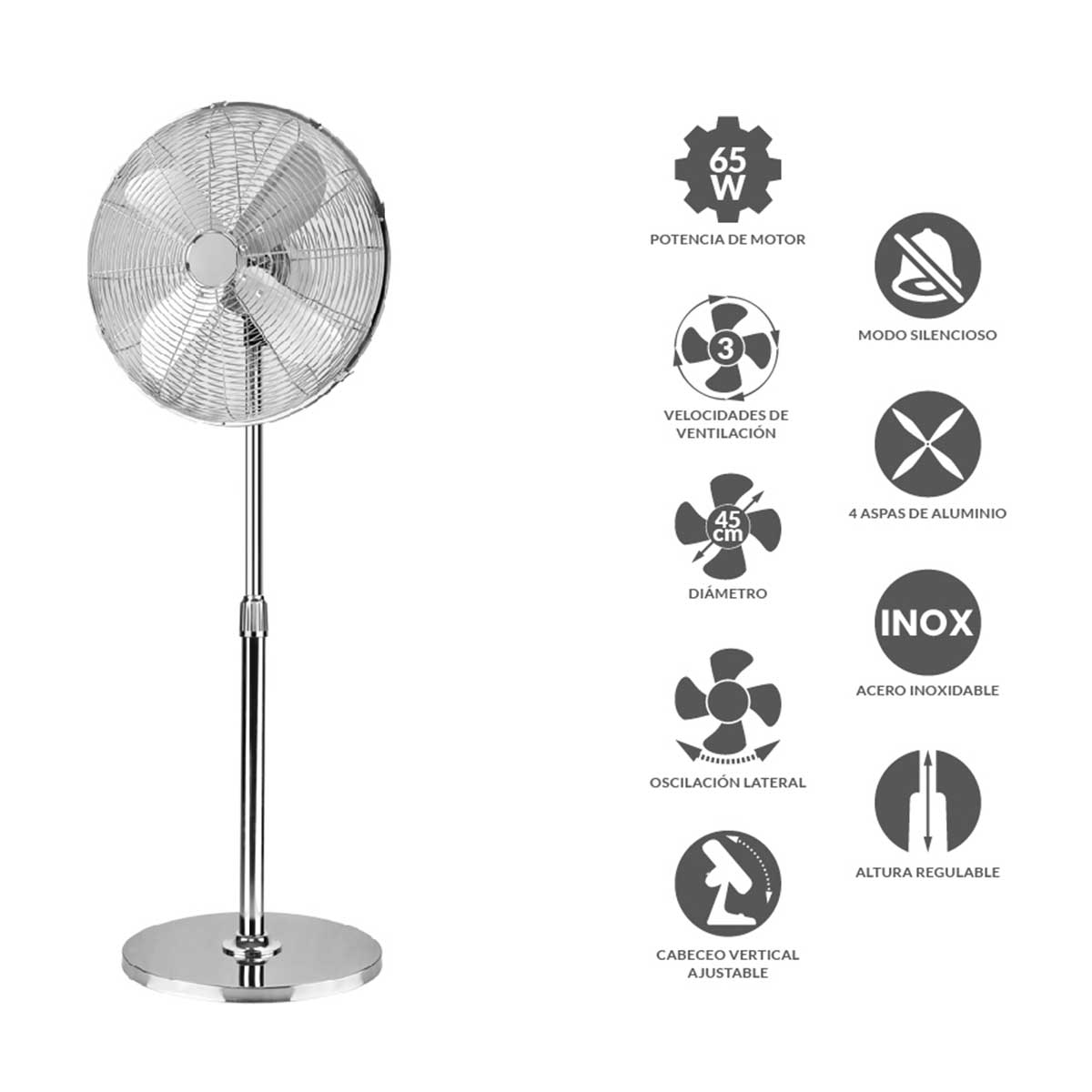Ventilador de pie Infiniton IF-45M 65W 3 velocidades altura regulable acero inox características