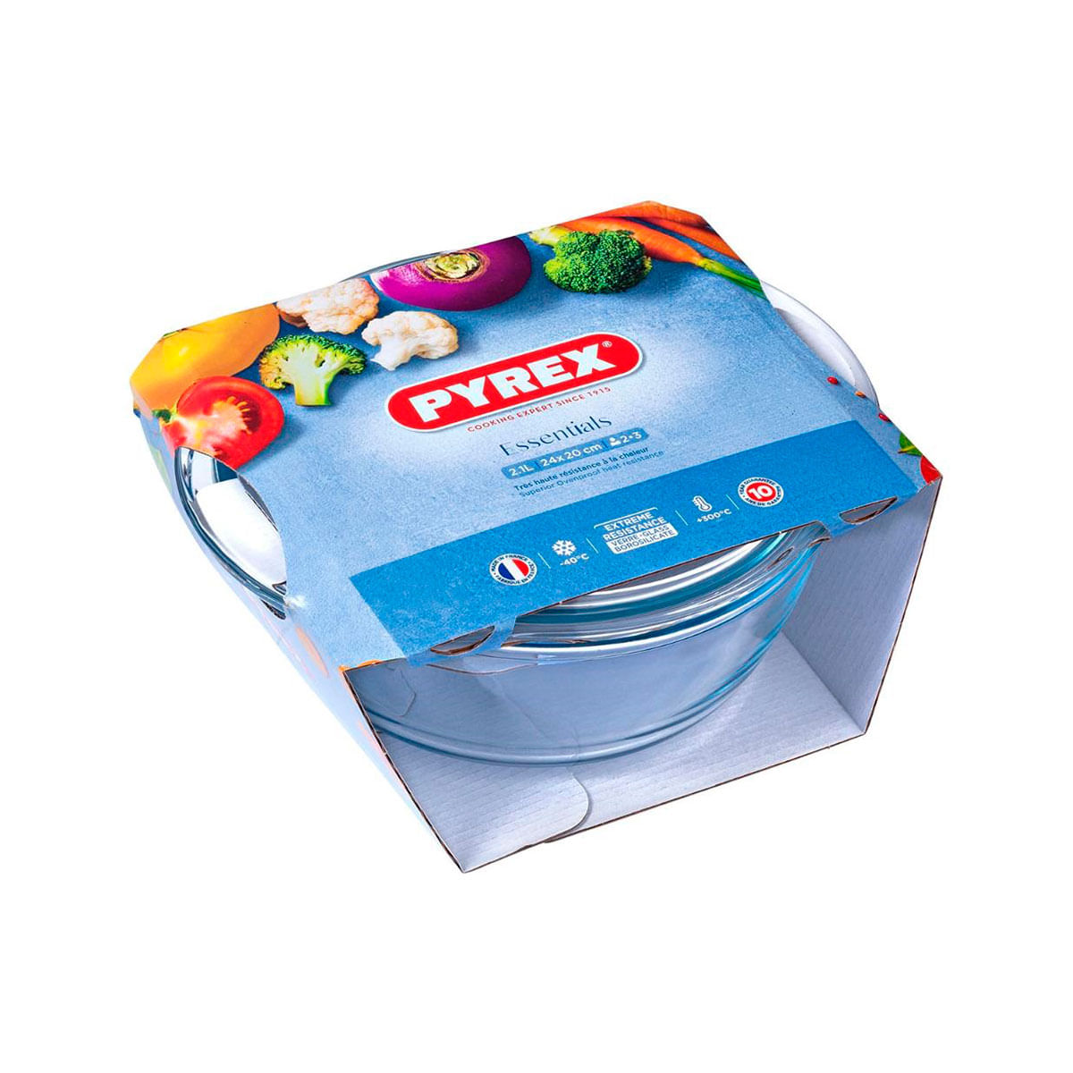 Cacerola de vidrio Essentials Pyrex forma redonda con tapa 2,1L embalaje