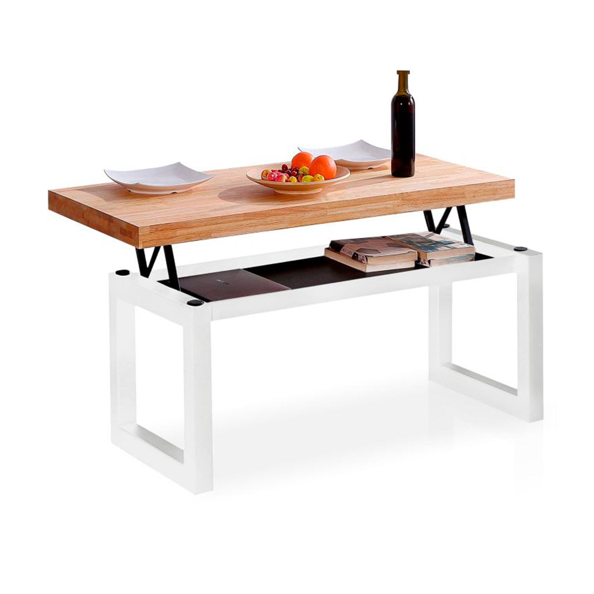 Mesa de centro elevable Loft con hueco de almacenaje roble Nordish/blanco 47,5-62x120x60 cm desplegada