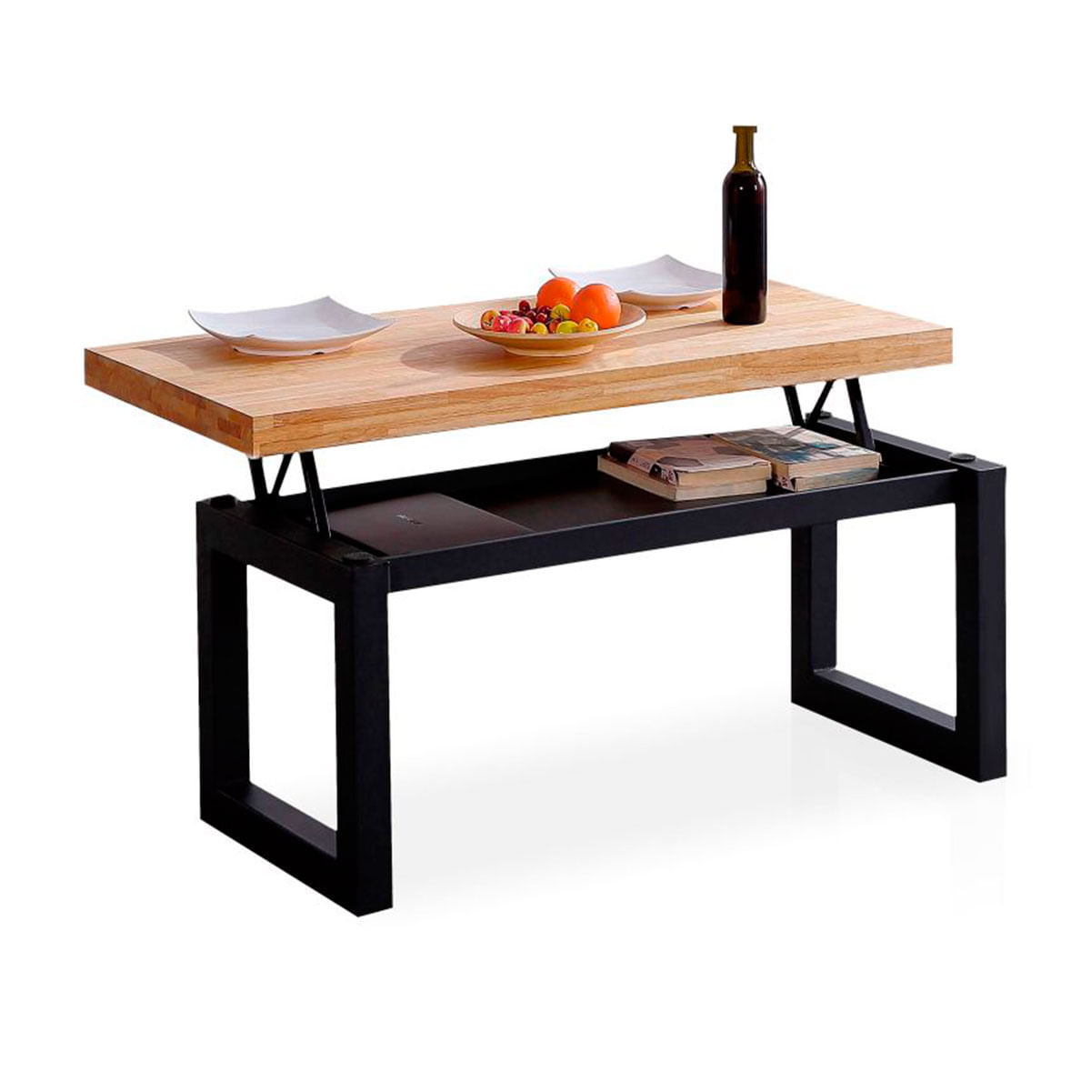 Mesa de centro elevable Loft con hueco de almacenaje roble Nordish/negro 47,5-62x120x60 cm desplegada