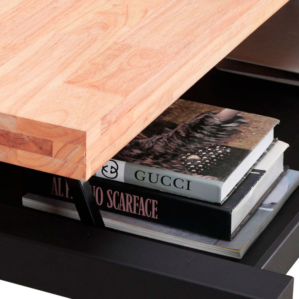Mesa de centro elevable Loft con hueco de almacenaje roble Nordish/negro 47,5-62x120x60 cm detalle hueco almacenaje