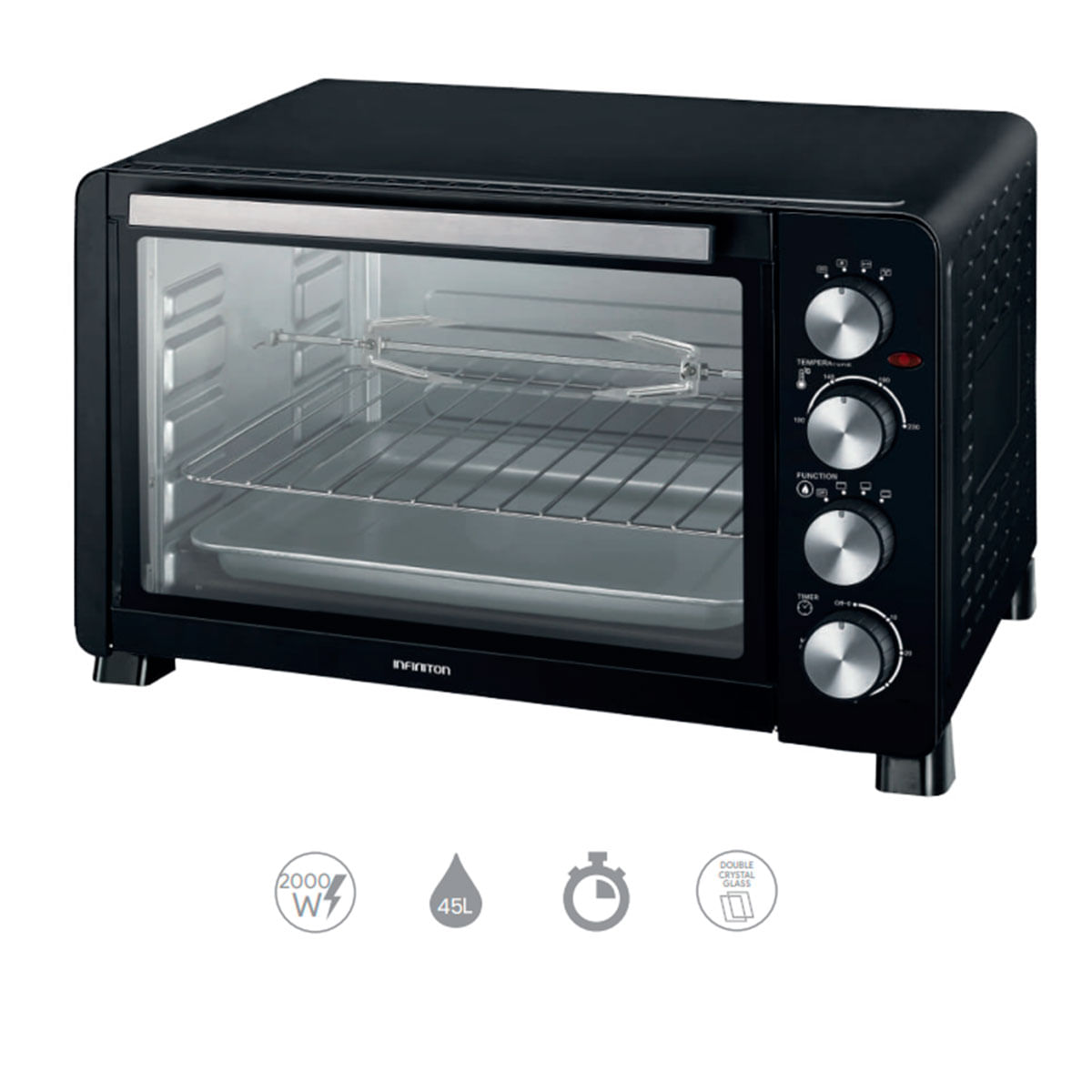 Horno de sobremesa Infiniton HSM-30N45 2000W 45L 4 funciones con accesorios negro características
