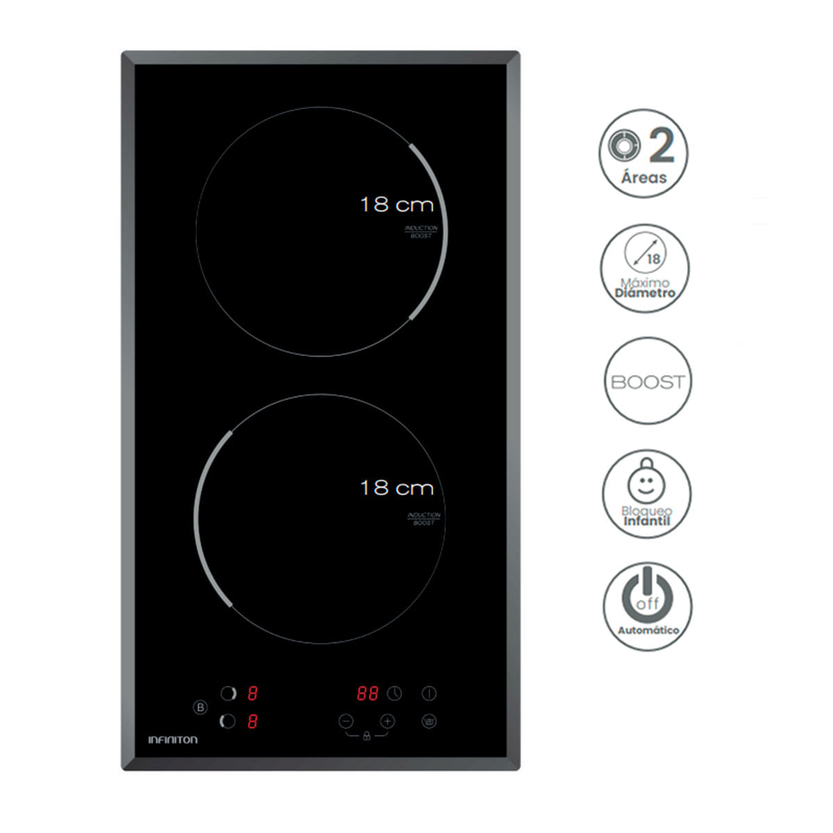 Placa de inducción Infiniton IND-230N 3800 cm 2 zonas 9 niveles control táctil acabado Crystal Black 28,8 cm características 1