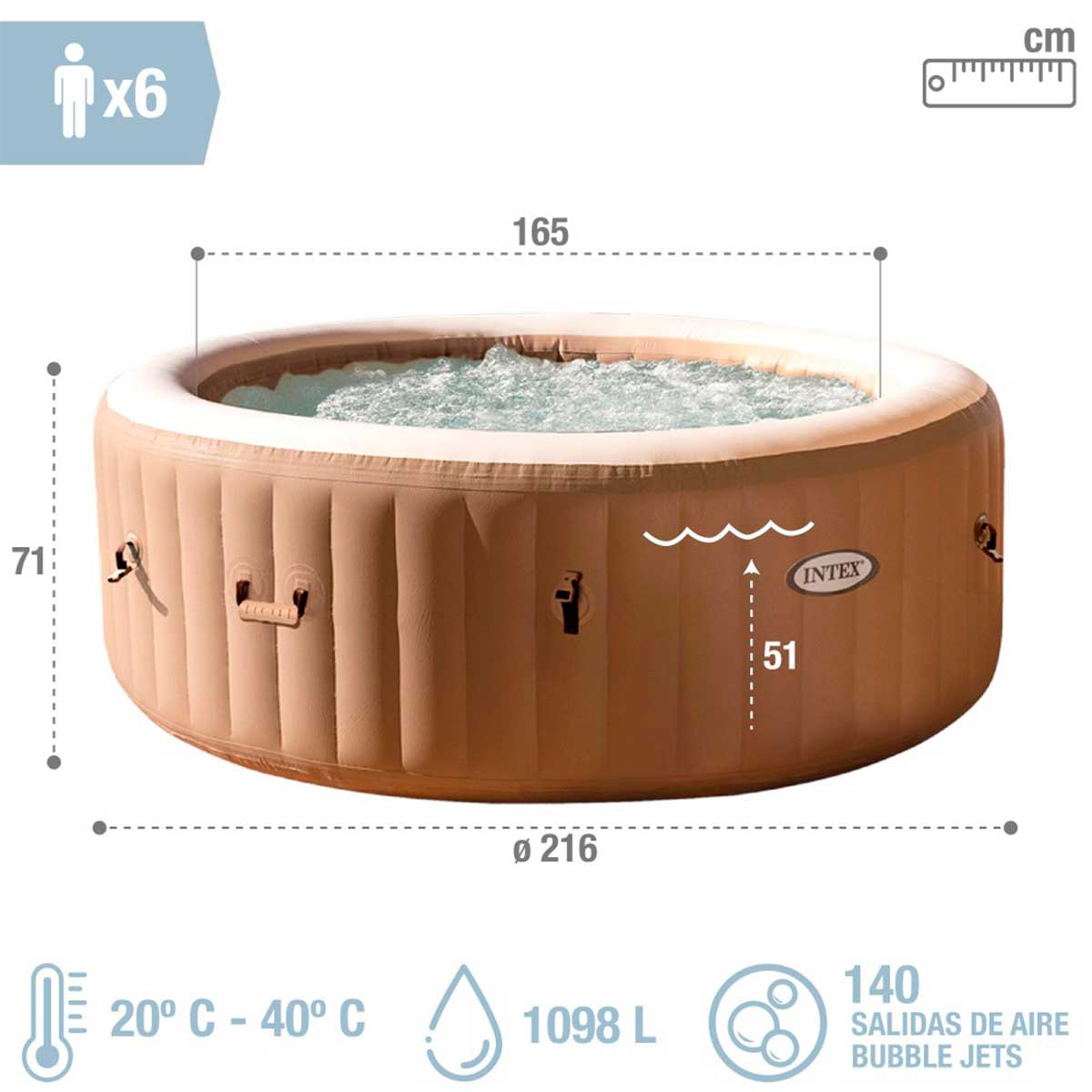 Jacuzzi hinchable Intex 1098L 6 personas con accesorios beige Ø216x71 cm medidas