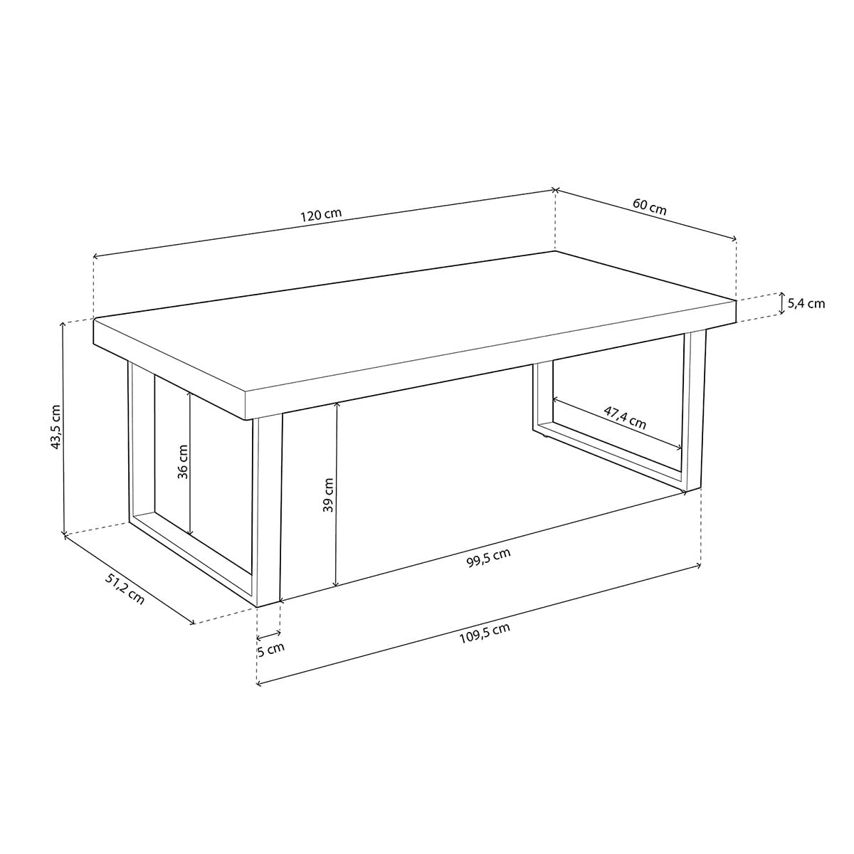 Mesa de centro Natural diseño nórdico roble Nordish/blanco 43,5x120x60 cm medidas