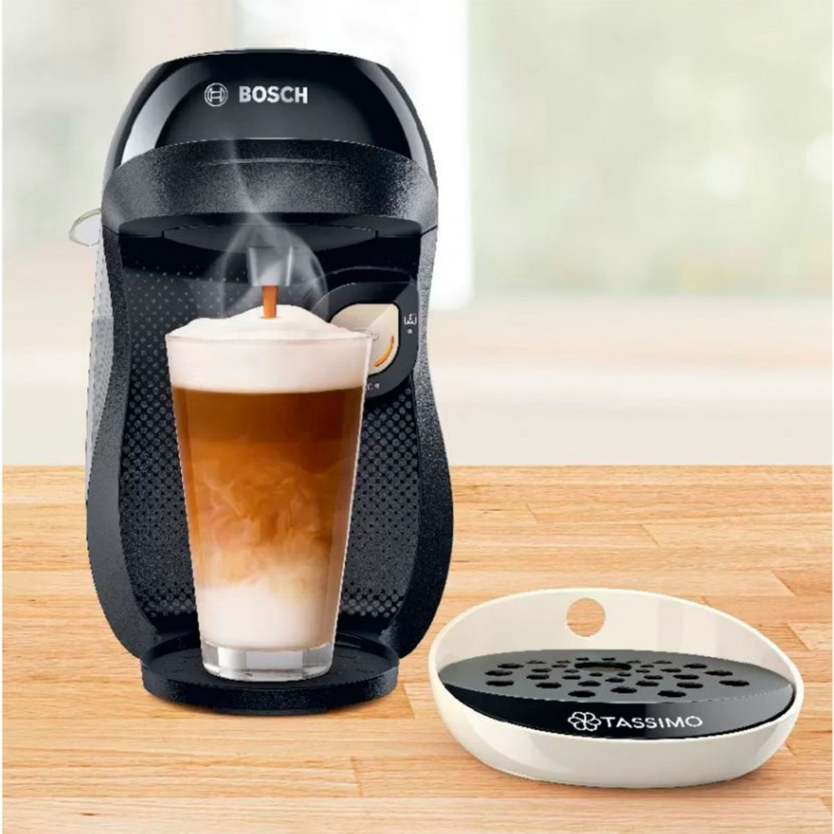 Cafetera multibebida Tassimo Happy Bosch 0,7L con lector de código inteligente negro/crema ambientada