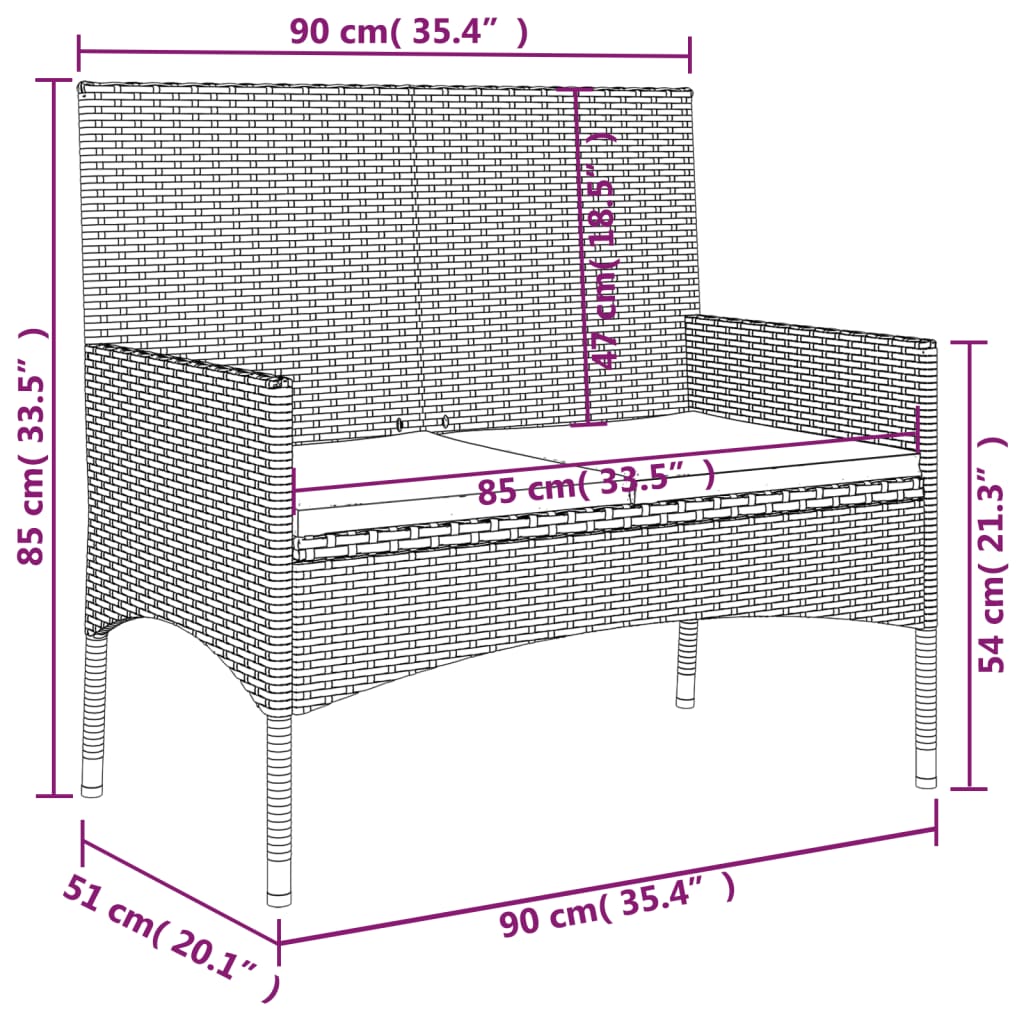 Banco de jardín 2 plazas estructura de ratán con cojines marrón 85x90x51 cm detalle medidas