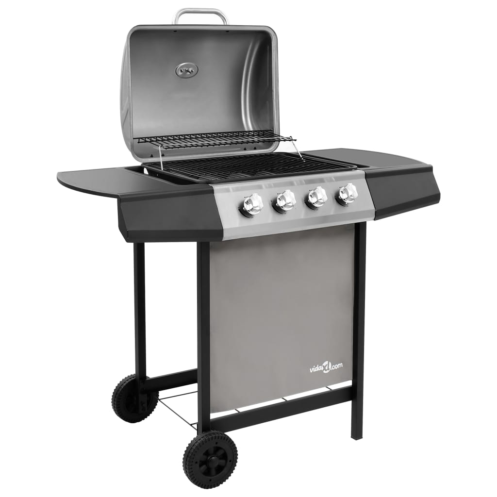 Barbacoa de gas VidaXL 8000W 4 fogones con tapa protectora negro/plata detalle 1