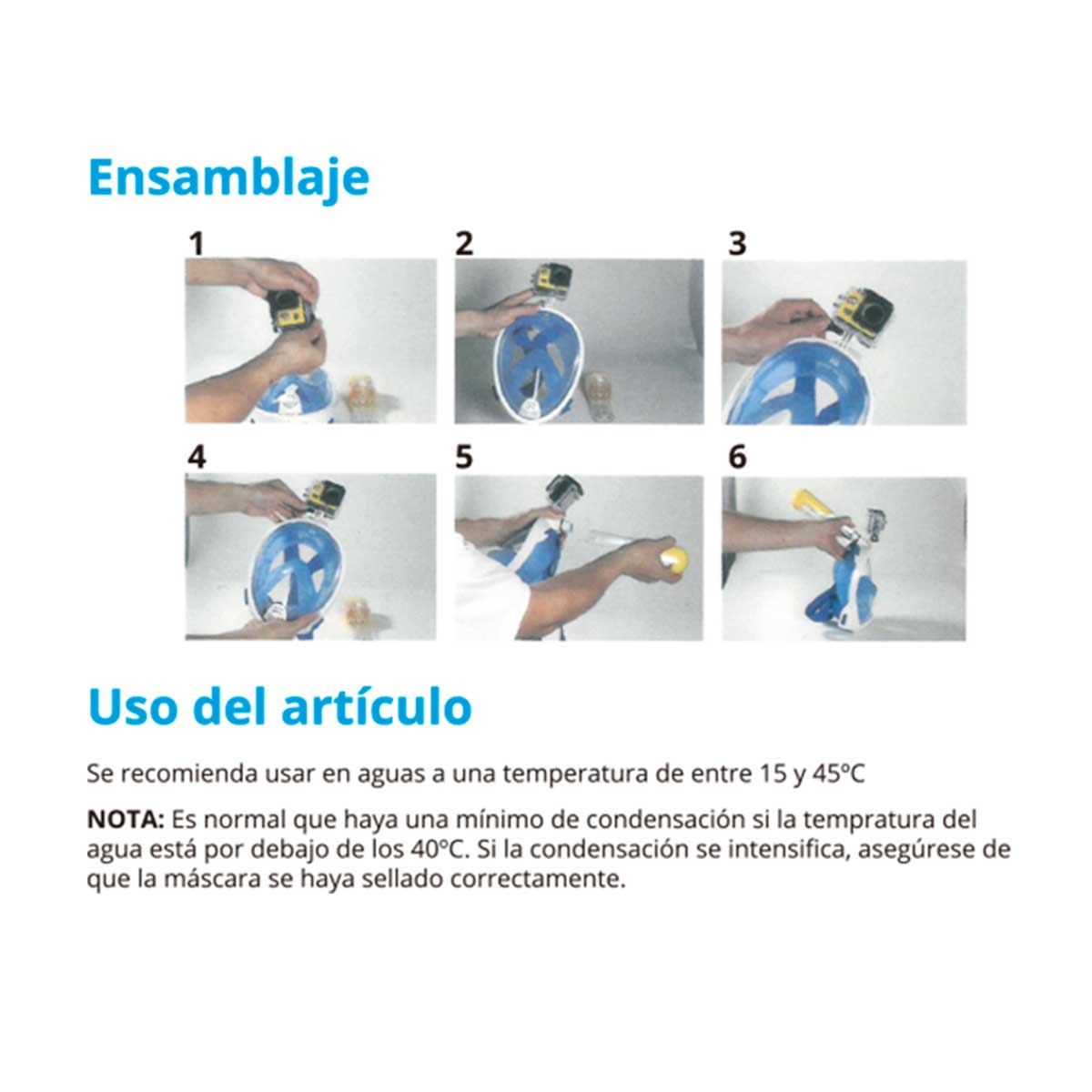 Máscara de snorkel con tubo y soporte para cámara talla L/XL negro detalle 5