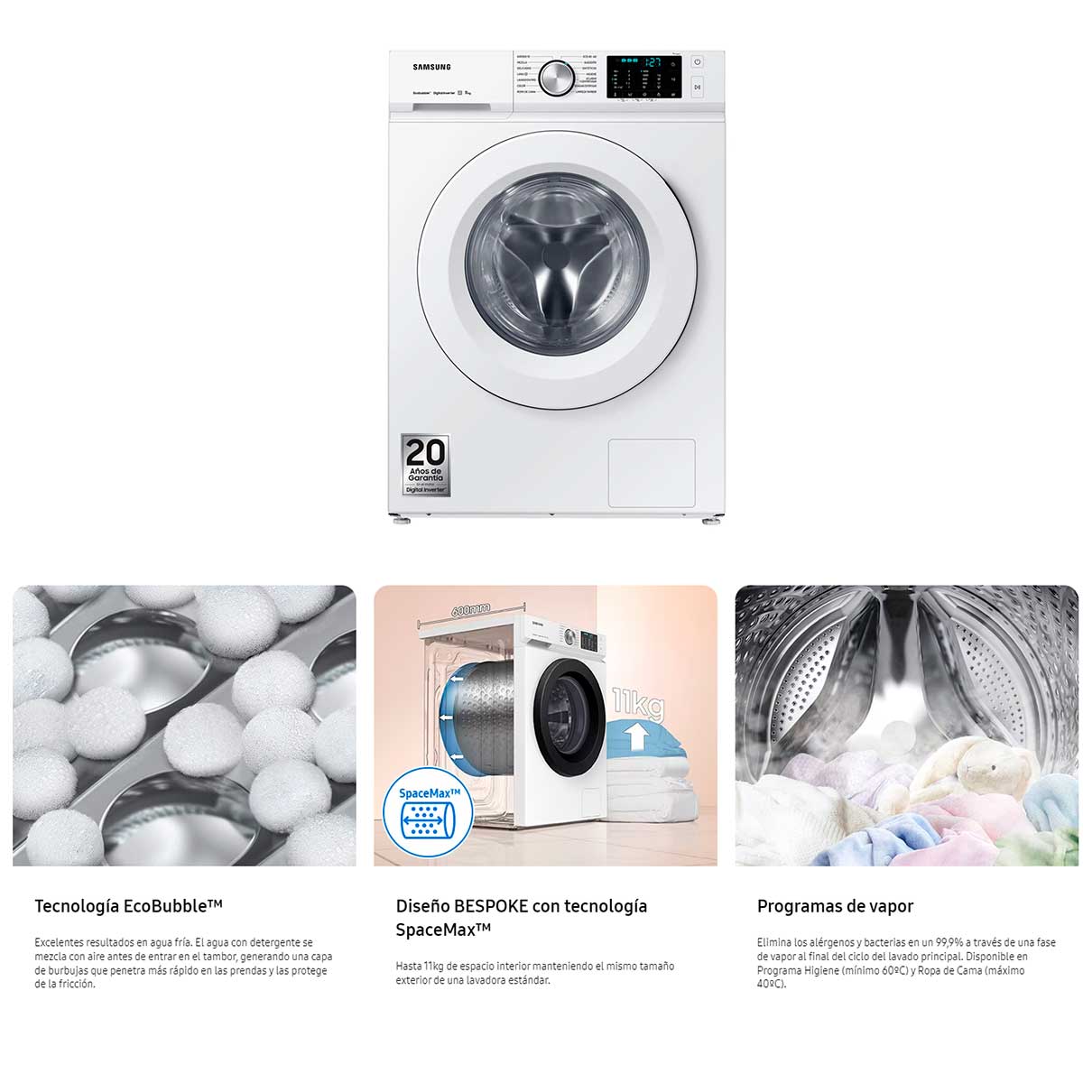 Lavadora Bespoke Ecobubble Samsung 11kg 1400 rpm A blanco 85 cm detalle 8