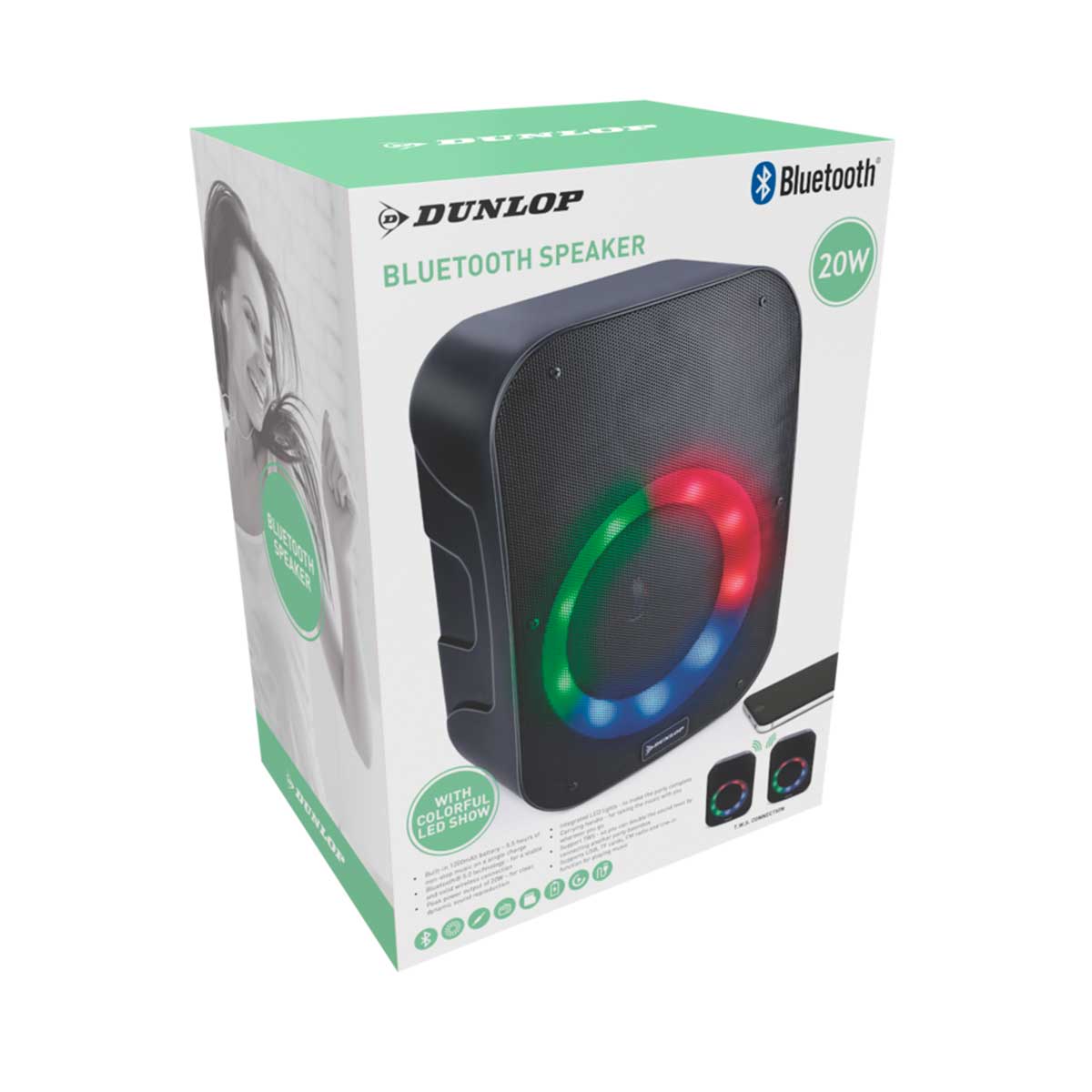 Altavoz portátil Dunlop 20W Bluetooth con luces LED negro detalle caja