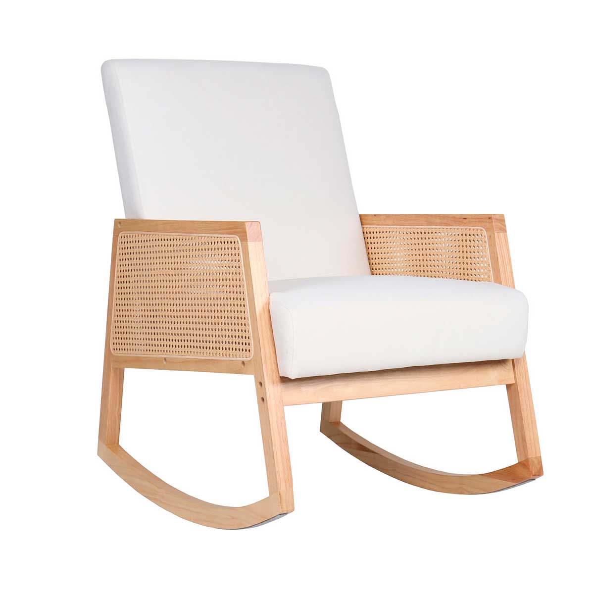 Butaca mecedora Julia con paneles de ratán crema/madera 98x82x65 cm fondo blanco