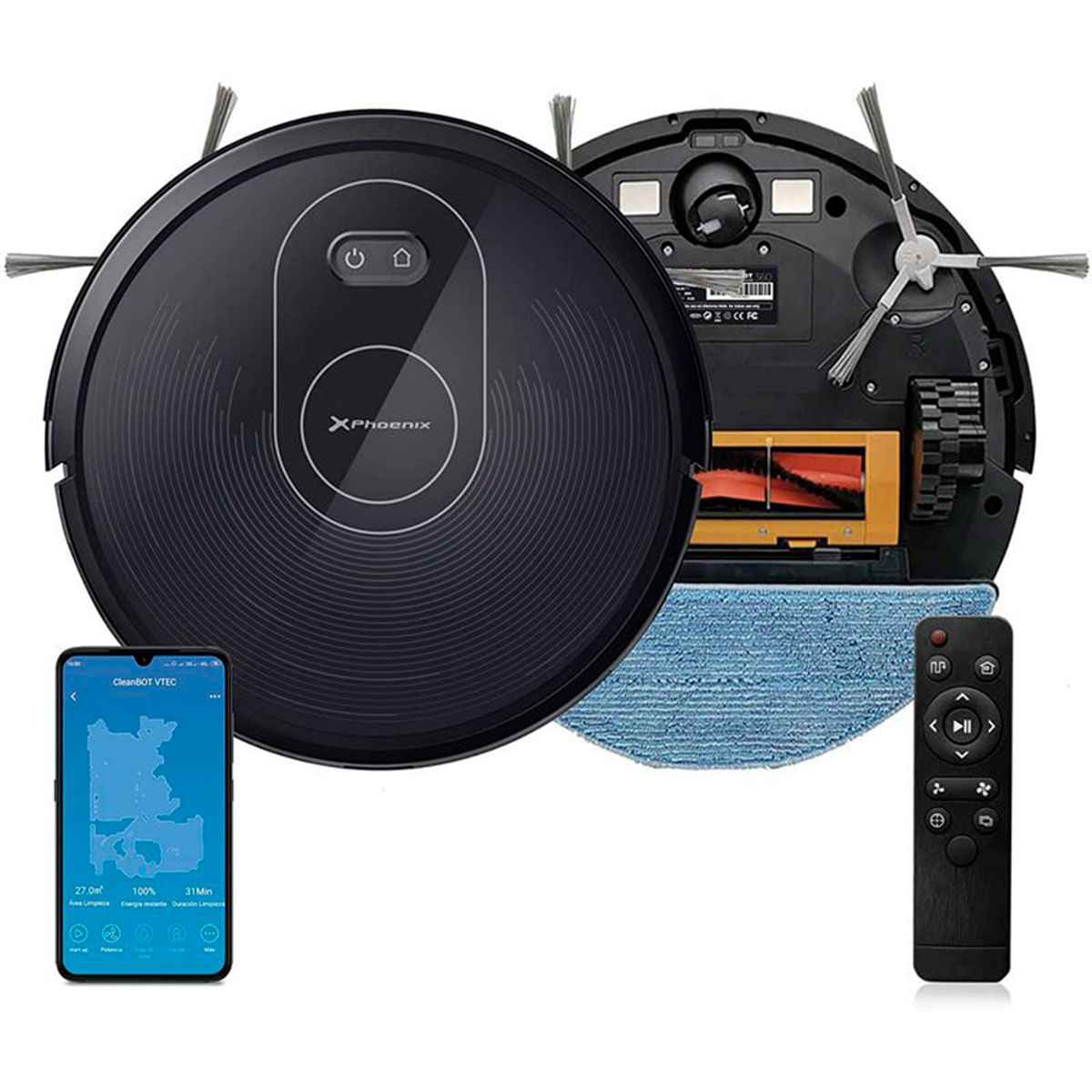 Robot aspirador Cleanbot VTEC Phoenix 4 en 1 control por App negro detalle trasero