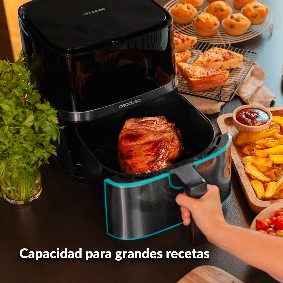 Freidora de aire Cecotec Cecofry Full Inox 5500 Pro 1700 5,5L inox detalle asa de tacto frío