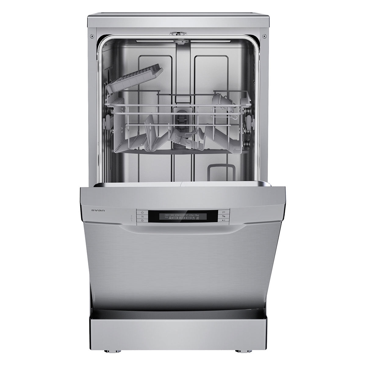 Lavavajillas Svan SJ94500EDX 9 cubiertos 7 programas E inox 44,8 cm frontal abierto