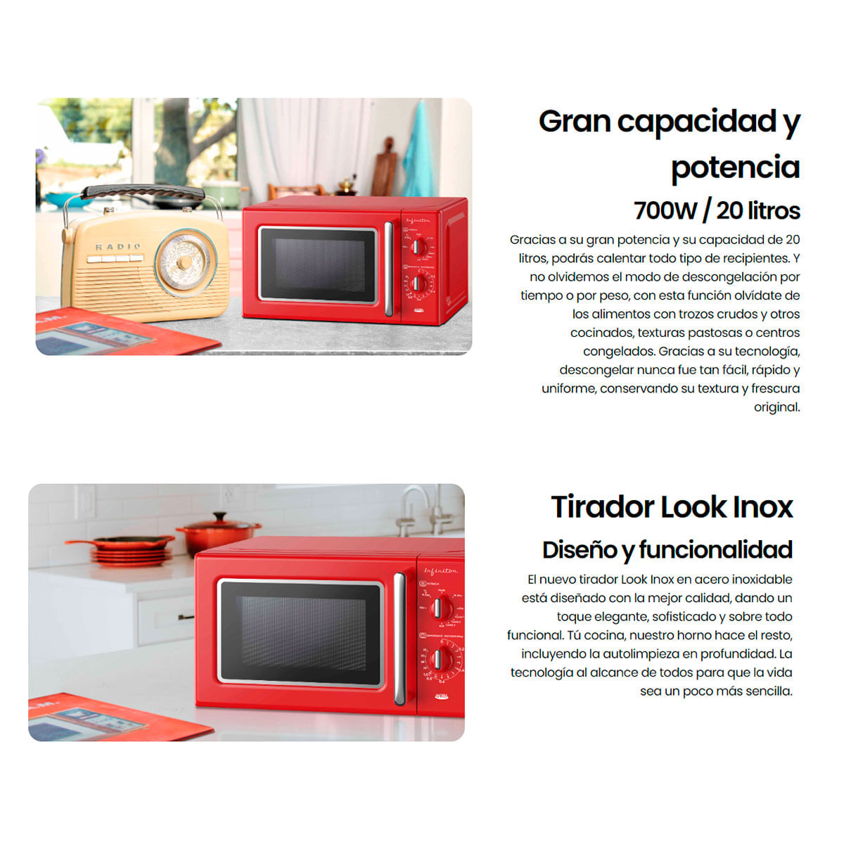 Microondas con grill Infiniton MW-RE20 gama vintage 700W 20L rojo características 3