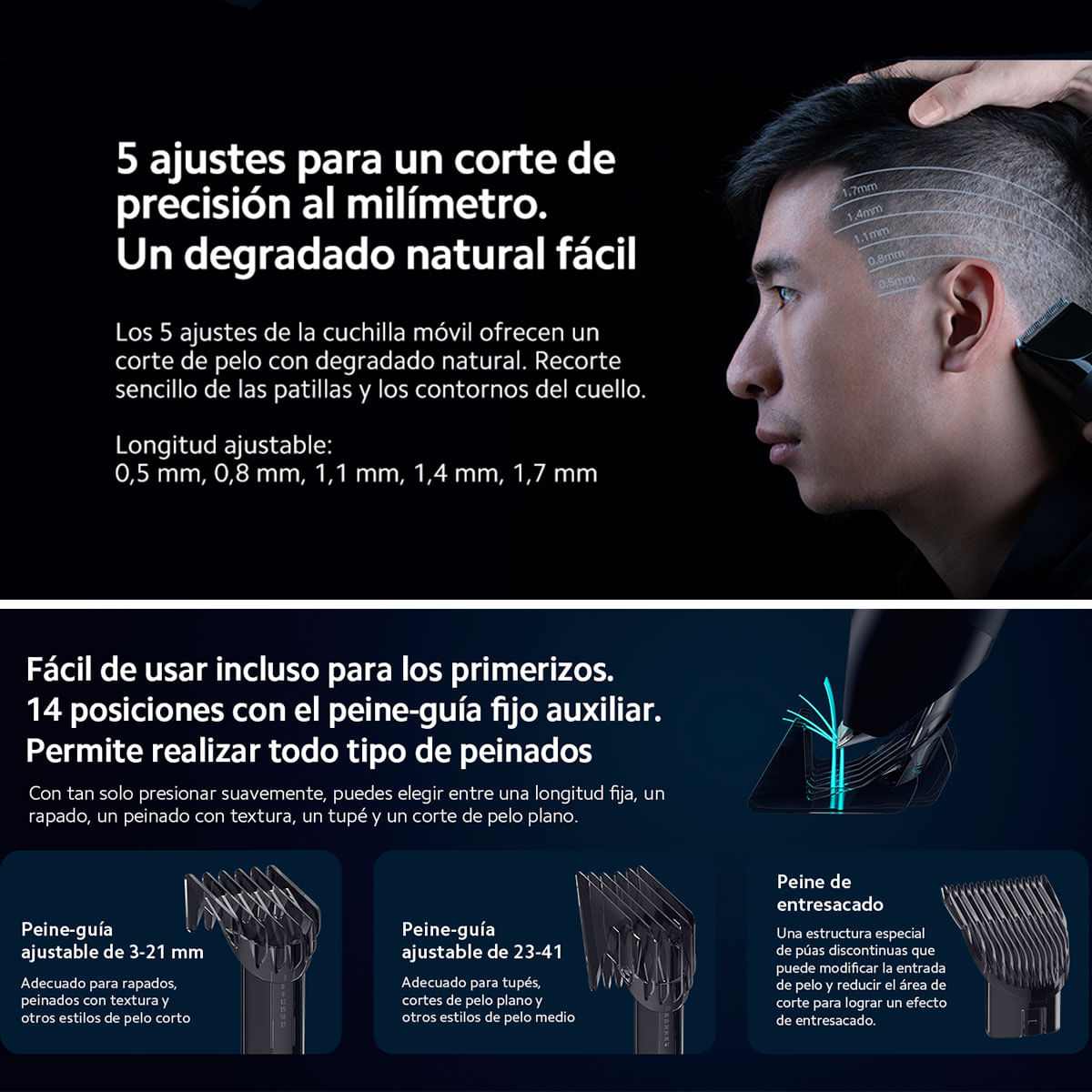 Cortapelos inalámbrica Xiaomi Hair Clipper 14 posiciones 5 ajustes negro características 3