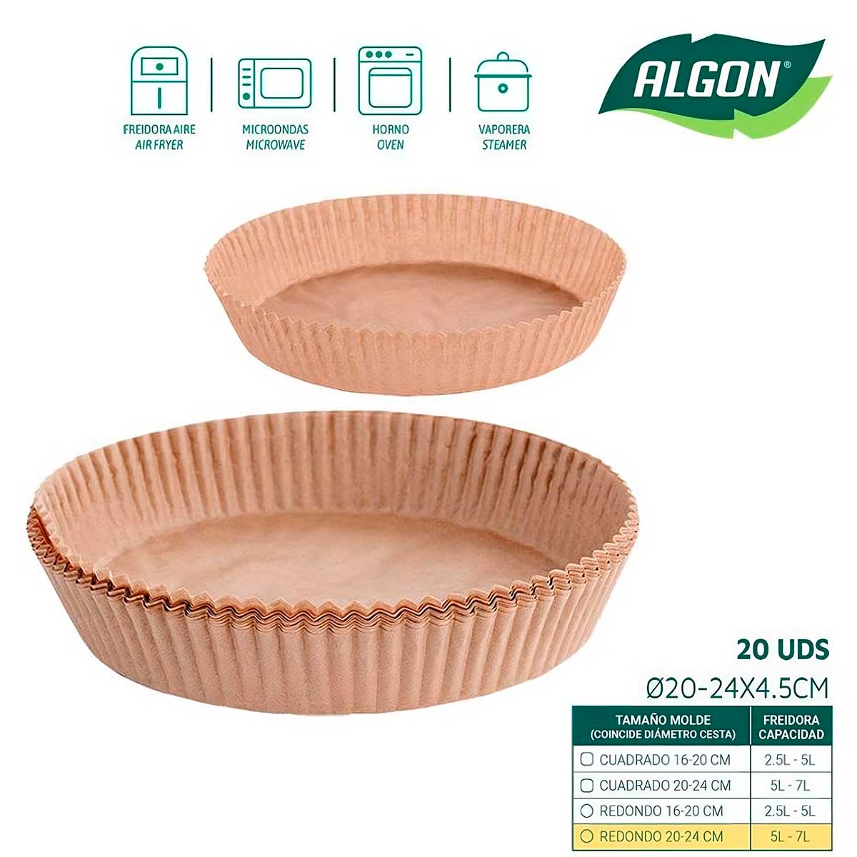 Pack de 20 papeles de freidora de aire Algón 5-7L marrón Ø24 cm dimensiones