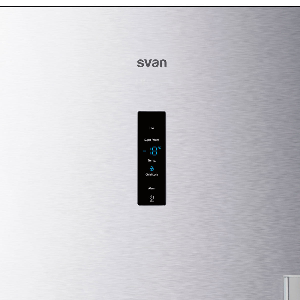Congelador vertical Svan SCV185600ENFX No Frost 274L E inox 185,5 cm detalle display