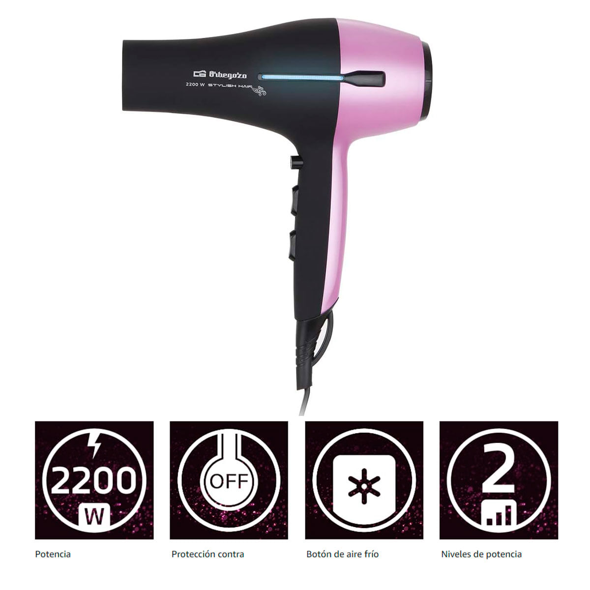 Secador de pelo Orbegozo SE 2320 2200W 2 modos 3 temperaturas negro/rosa  características