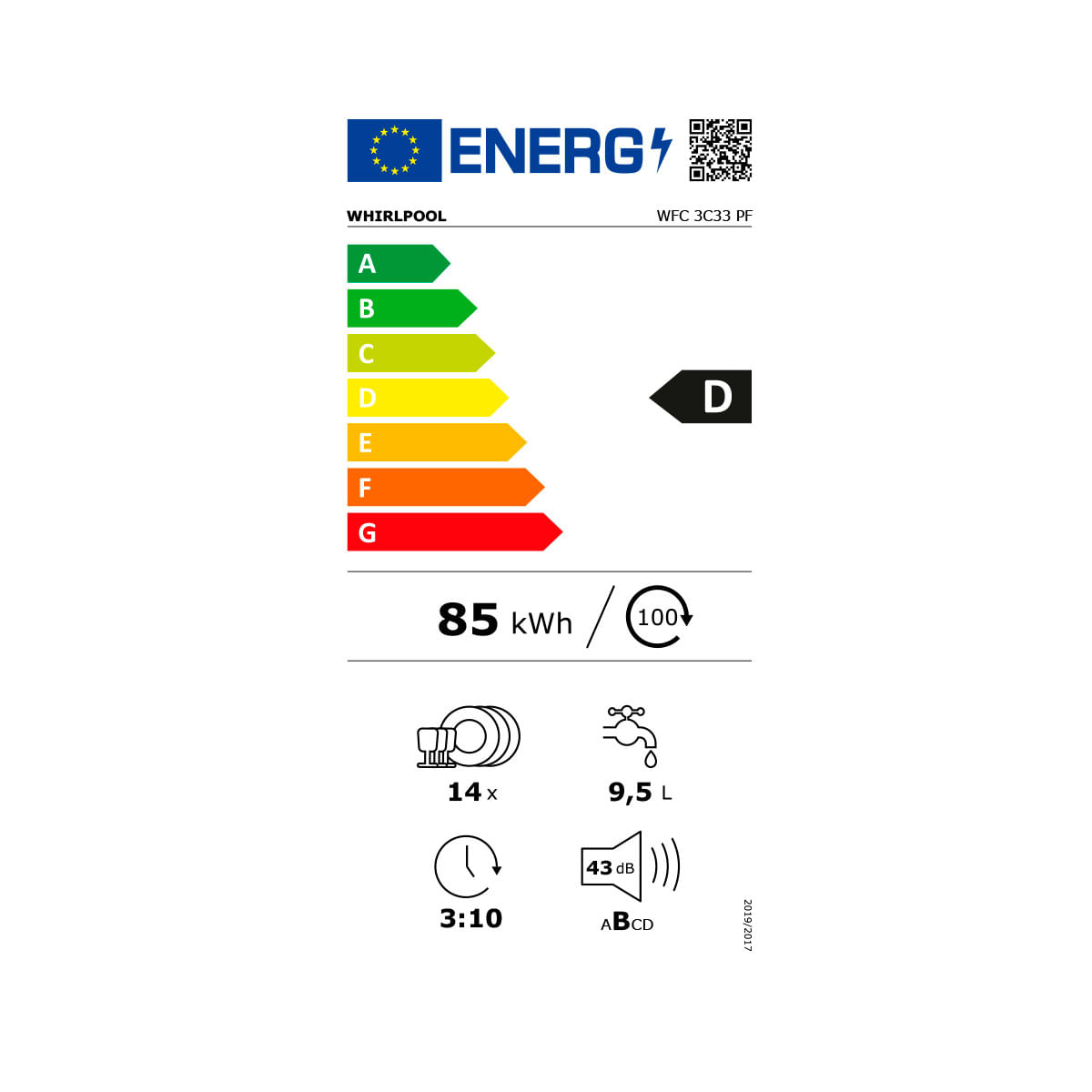 Lavavajillas Whirpool WFC 3C33 PF 14 cubiertos 8 programas D blanco 60 cm eficiencia energética