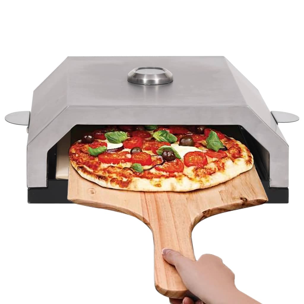 Horno para pizzas para barbacoa con piedra de cerámica inox 15,5x35x49 cm detalle de la pizza