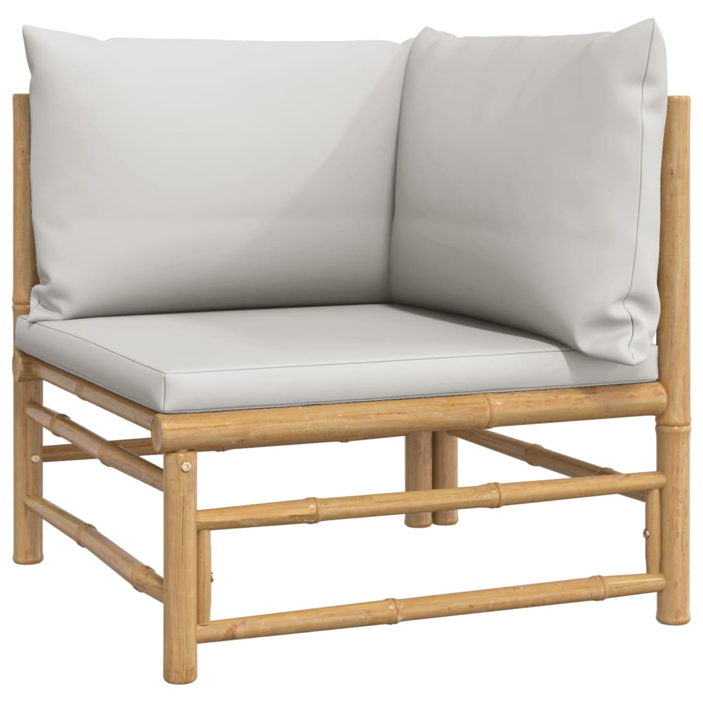 Conjunto de jardín 1 sofá central + 2 sofás esquineros bambú gris claro detalle sofá esquinero