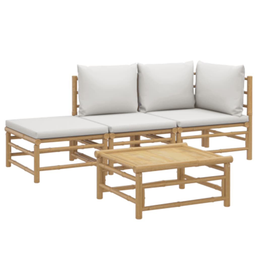 Conjunto de jardín 2 sofás + 1 mesa + 1 reposapiés bambú gris claro fondo blanco
