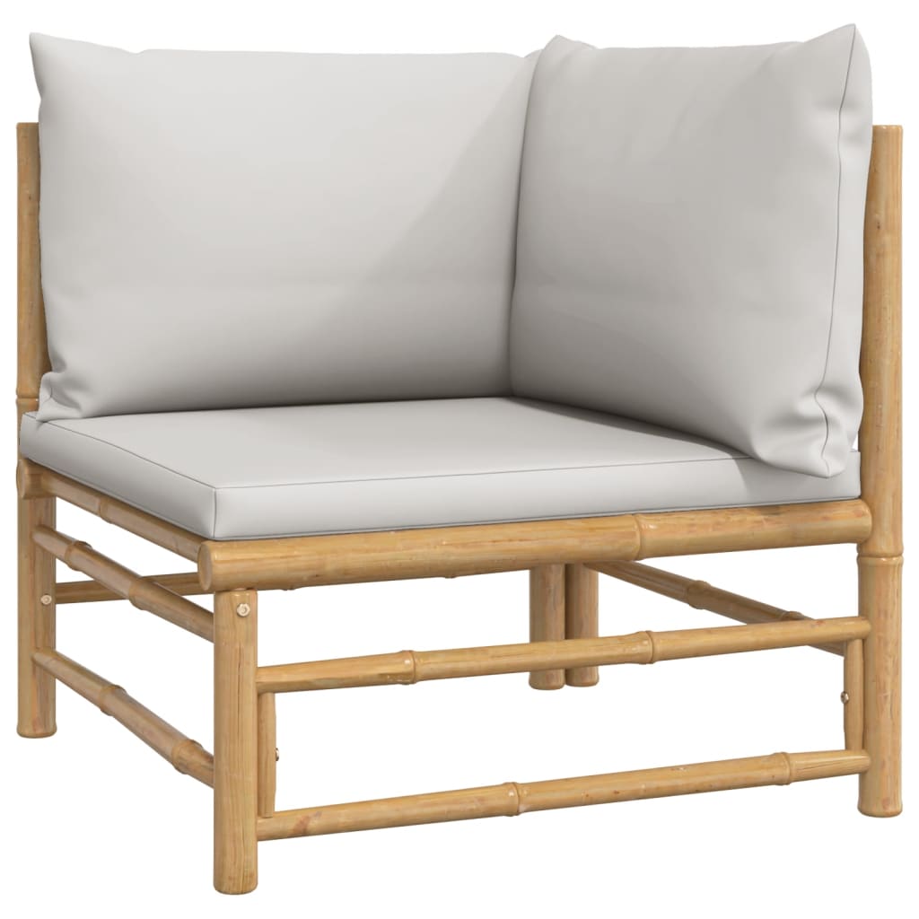 Conjunto de jardín 2 sofás + 1 mesa + 1 reposapiés bambú gris claro detalle sofá esquinero
