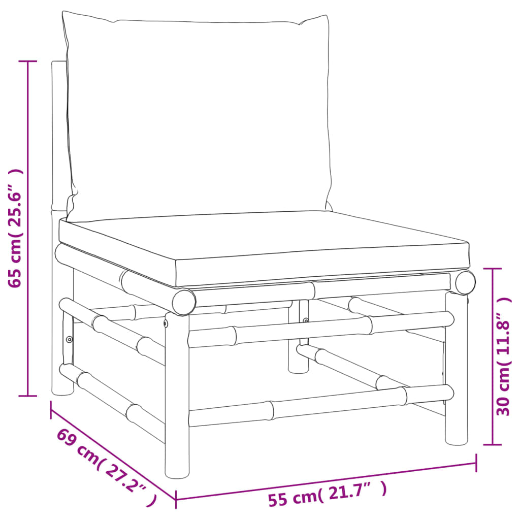 Conjunto de jardín 2 sofás + 1 mesa + 1 reposapiés bambú gris claro medidas sofá central
