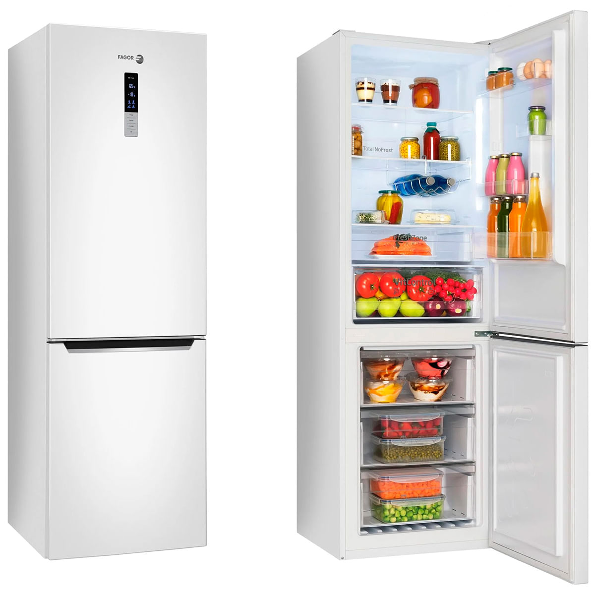 Frigorífico combi Fagor 3FFK-6645 Total No Frost 317L F blanco 180 cm detalle abierto y cerrado